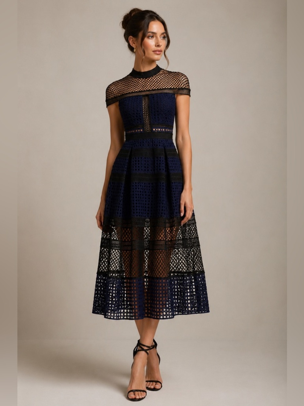 Self-Portrait Blue Crosshatch Paneled Midi Dress Womens 2 New NWT